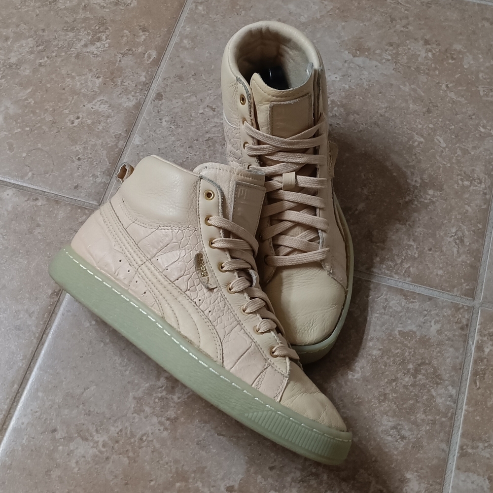 Puma Basket Mid Ali Zapatillas Leather Sneakers Khaki-Gold Youth 7/Wmn 8.5